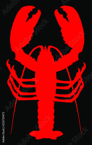 Red lobster vector silhouette isolated on black background. Crayfish or Shellfish symbol. Seafood sign for restaurant. Fresh dinner. 