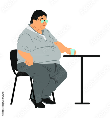 Fat man sitting and drinking in fast food restaurant. Worry about health. Overweight person trouble. Big boy think about food calorie vector. Difficulties in moving. Breathless sweaty man need break.