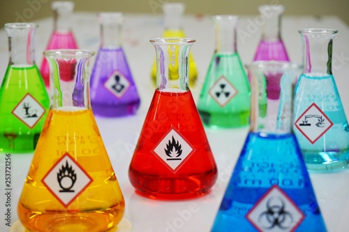 Many of Erlenmeyer flask with colorful solution and Variety type of chemical hazard warning symbols labels. Focus on Flammable sign,symbol.