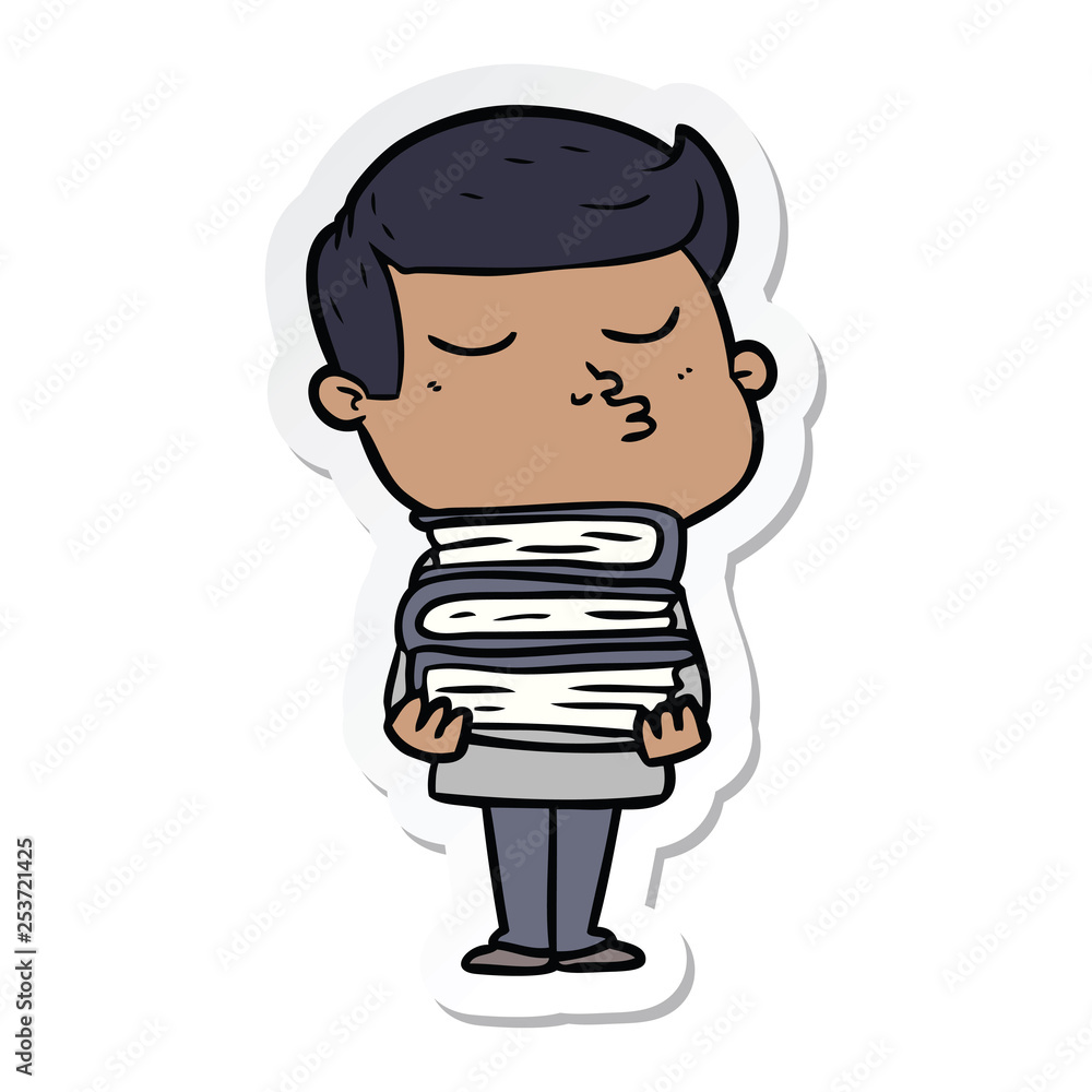 sticker of a cartoon model guy pouting holding books