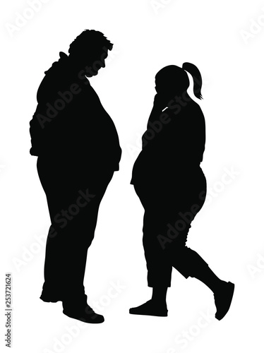 Fat couple in love on date silhouette. Fat man and woman is worry about health vector. Overweight person trouble. Big boy think about food ordering calorie. Difficulties in moving. Breathless sweaty
