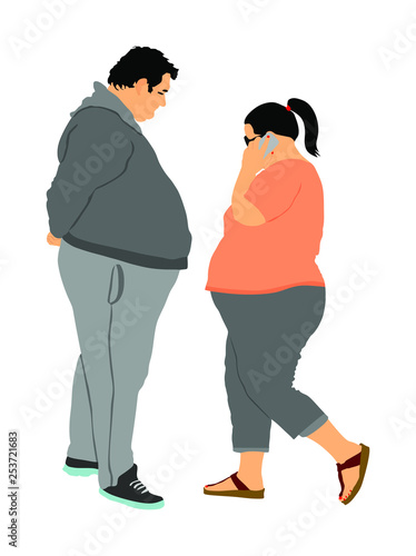 Fat couple in love on date. Fat man and woman is worry about health vector. Overweight person trouble. Big boy think about food ordering calorie. Difficulties in moving. Breathless sweaty need break. 