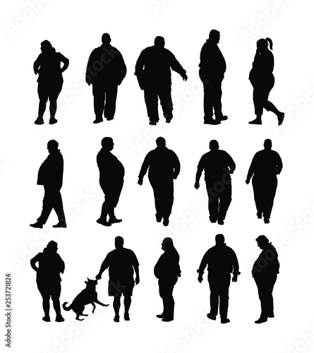 Fat man walking health care activity vector silhouette. Overweight person trouble. Big boy think about food. Difficult in moving. Breathless sweaty fat boy need break. Big belly. Fat couple. Fat woman