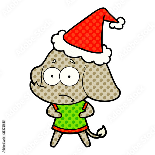 comic book style illustration of a unsure elephant wearing santa hat