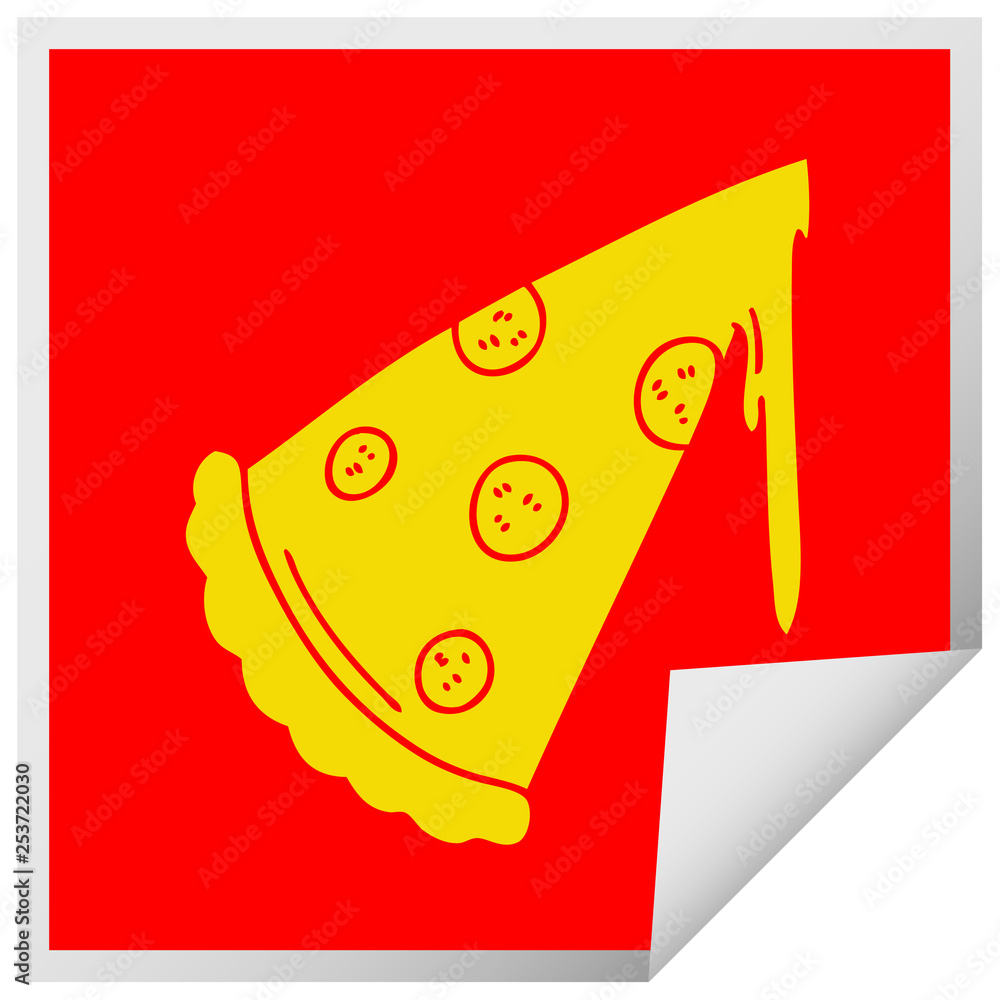 quirky square peeling sticker cartoon slice of pizza