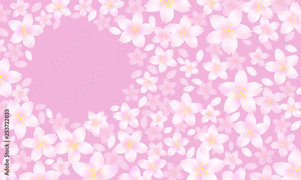 上品なピンク色の背景に透明感のある桜の花舞い散る