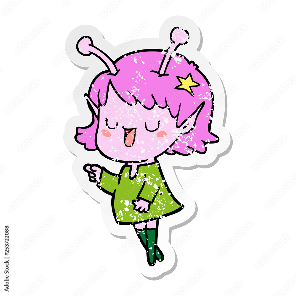 distressed sticker of a happy alien girl cartoon distressed sticker of a happy alien girl cartoon