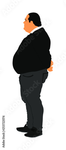 Fat man is worry about health vector illustration isolated on white background. Overweight person trouble. Big boy think about food calorie. Difficulties in moving. Breathless sweaty man need break.