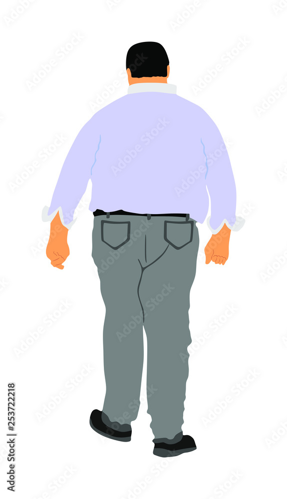 Fat man is worry about health vector illustration isolated on white background. Overweight person trouble. Big boy think about food calorie. Difficulties in moving. Breathless sweaty man need break.