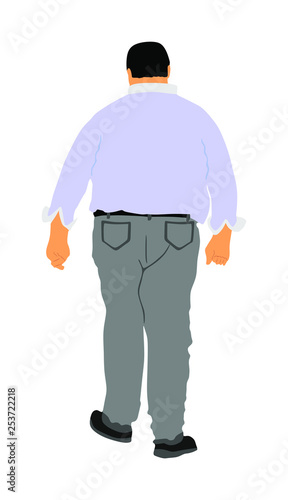 Fat man is worry about health vector illustration isolated on white background. Overweight person trouble. Big boy think about food calorie. Difficulties in moving. Breathless sweaty man need break.