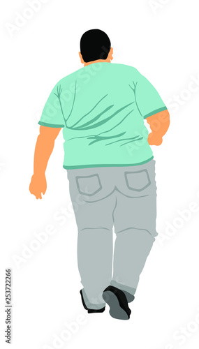 Fat man is worry about health vector illustration isolated on white background. Overweight person trouble. Big boy think about food calorie. Difficulties in moving. Breathless sweaty man need break.