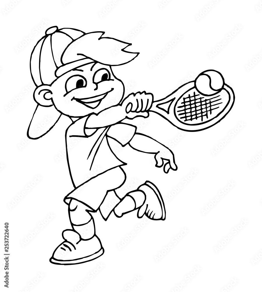 Boy playing tennis, children sports, black and white clipart Stock Vector |  Adobe Stock