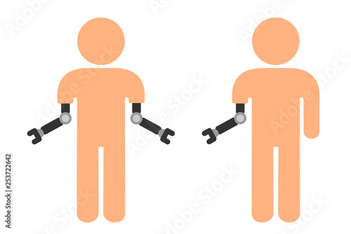 Handicapped, disabled and crippled armless man with prosthesis and prosthetic device. Prosthetics as replacement for missing body part.. Vector illustration