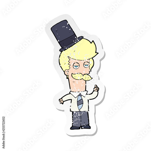 retro distressed sticker of a cartoon man wearing top hat