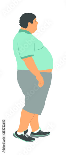 Fat man is worry about health vector illustration isolated on white background. Overweight person trouble. Big boy think about food calorie. Difficulties in moving. Breathless sweaty man need break.