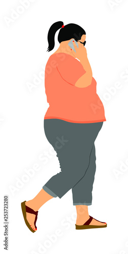 Overweight woman talking on mobile phone vector illustration. Fat girl walking with smart phone. Lazy person do not think about their health care, ordering fast food.  Difficulties in sweaty moving.