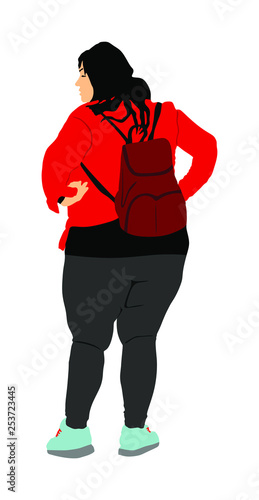 Overweight woman lost in city vector illustration. Fat girl tourist with backpack can not find hotel. Big girl in  tights think about their weigh,t health or outfit. Fat people concept. Large lady.