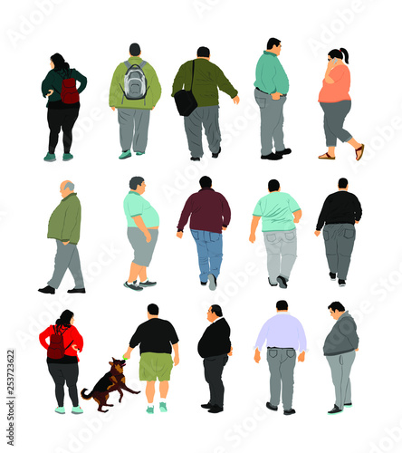 Fat man walking health care activity vector. Overweight person trouble. Big boy think about food. Difficult in moving. Breathless sweaty fat lazy boy need break. Big belly. Fat couple. Fat woman lazy