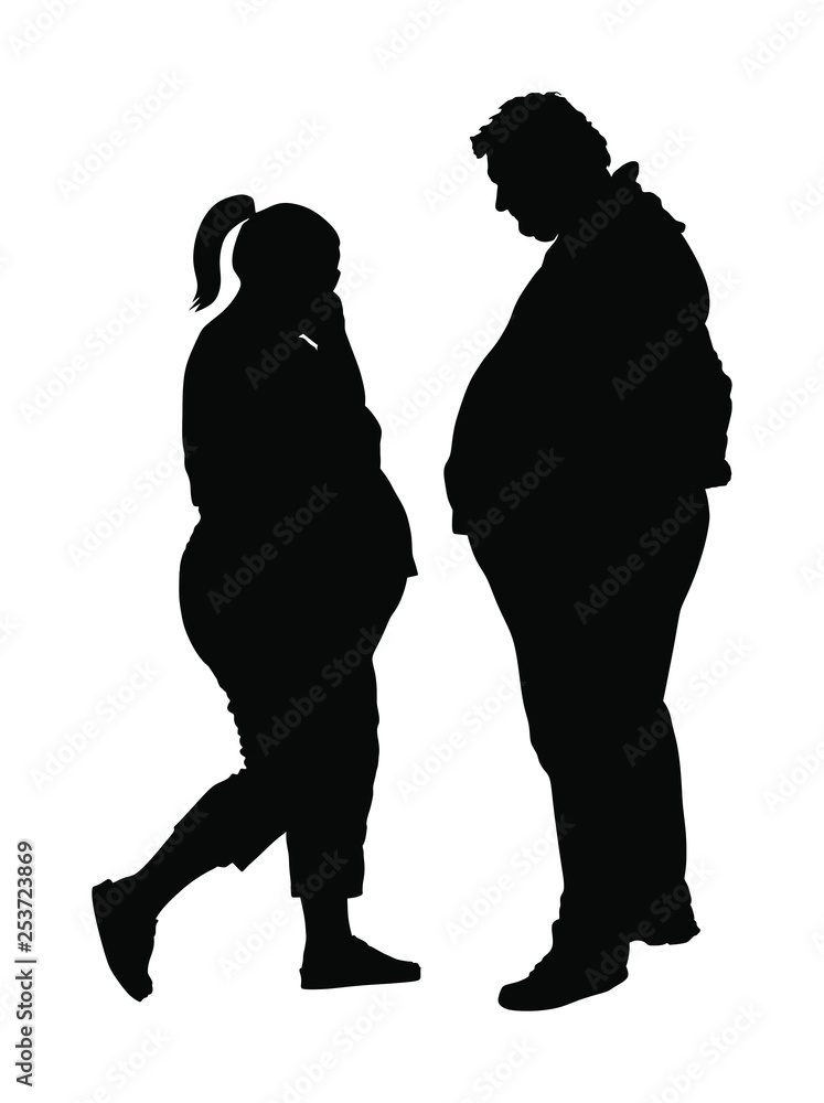 Fat couple in love on date silhouette. Fat man and woman is worry about health vector. Overweight person trouble. Big boy think about food ordering calorie. Difficulties in moving. Breathless sweaty Fat couple in love on date silhouette. Fat man and woman is worry about health vector. Overweight person trouble. Big boy think about food ordering calorie. Difficulties in moving. Breathless sweaty