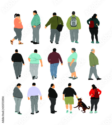 Fat man walking health care activity vector. Overweight people trouble. Big boy difficult moving. Breathless sweaty fat person need break. Big belly fat couple. Fat woman. Heavy weight girl. Fatness
