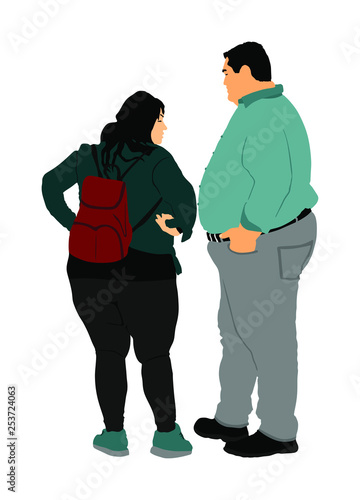 Fat man and woman is worry about health vector. Overweight person trouble. Big boy think about food calorie. Difficulties in moving. Breathless sweaty need break. Fat couple in love on date