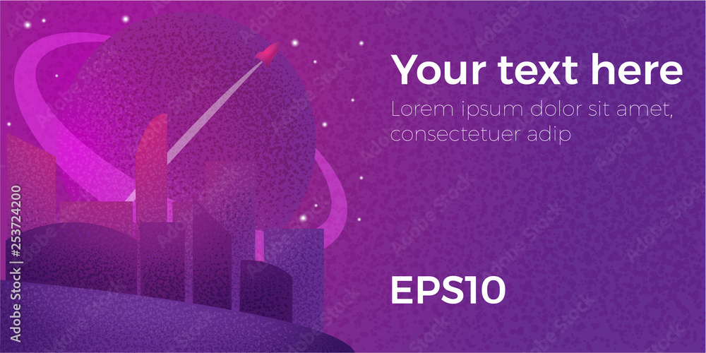 Vector web page template with illustration of futuristic city with planet, spaceship and stars with grain texture on purple background. Colorful banner for leaflet, web site or presentation. Vector web page template with illustration of futuristic city with planet, spaceship and stars with grain texture on purple background. Colorful banner for leaflet, web site or presentation.