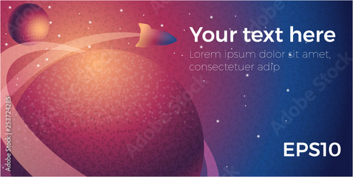 Vector web page template with illustration of galaxy, space with planet, stars and flying spaceship with grain texture. Colorful banner for leaflet, web site or presentation.