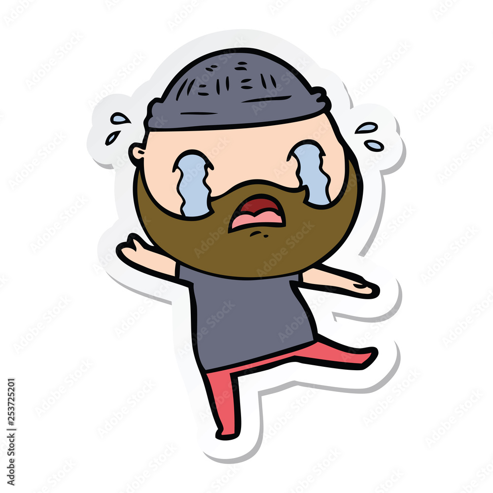 sticker of a cartoon bearded man crying