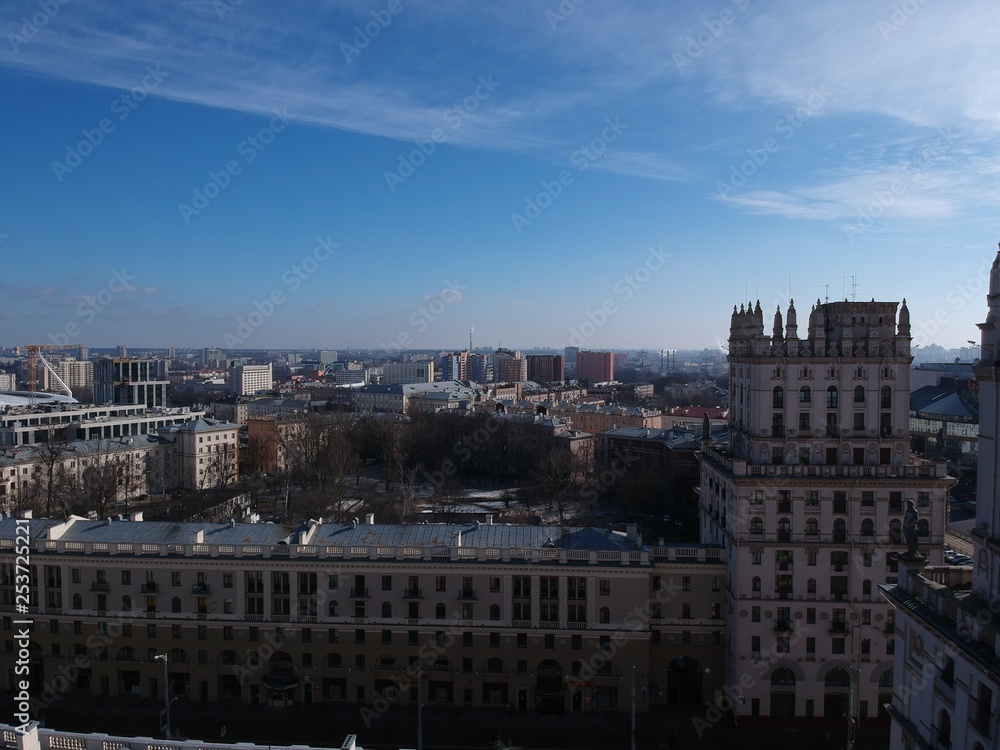 Aerial view of center of Minsk, Belarus in early spring