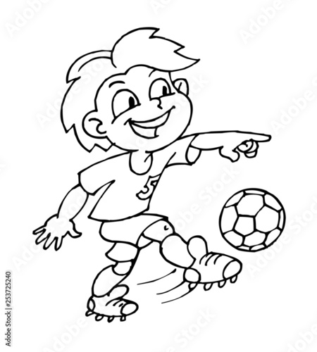 Boy playing soccer, children sports, black and white clipart