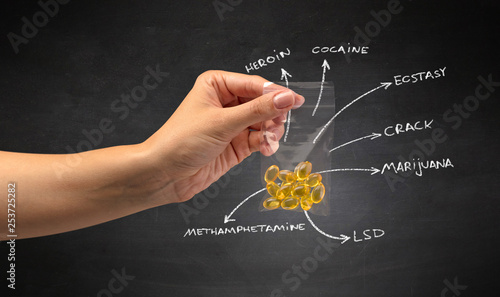 Hand with pills in plastic bag and blackboard wallpaper