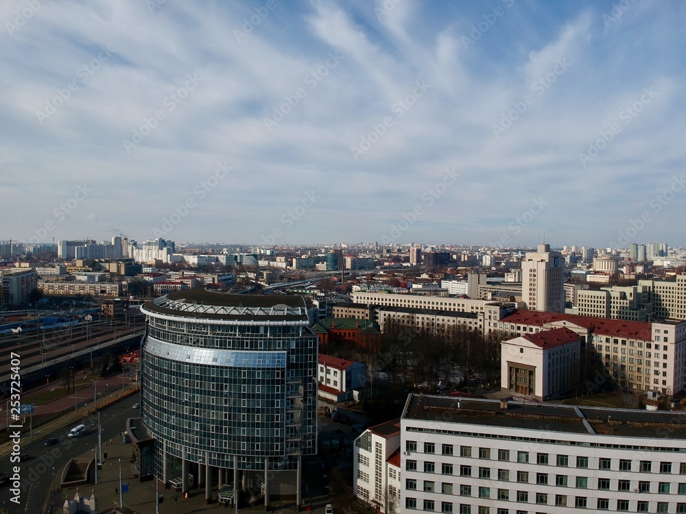 Aerial view of center of Minsk, Belarus in early spring