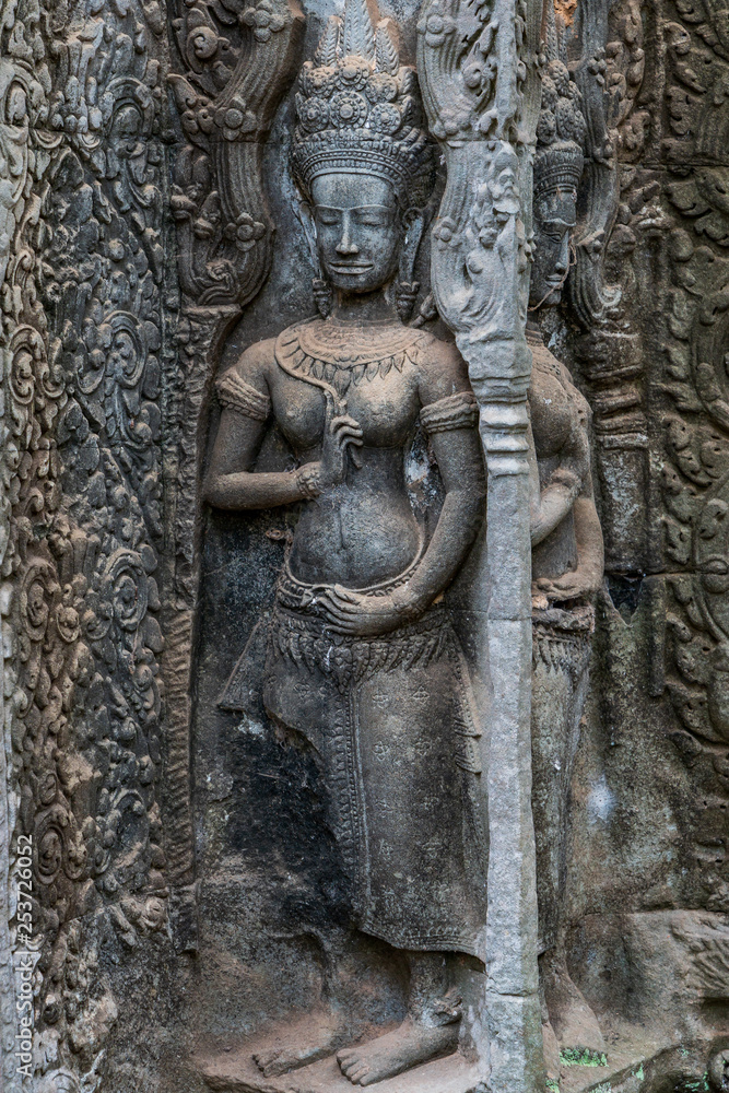 Relief of apsara in Ta Prohm temple, Cambodia