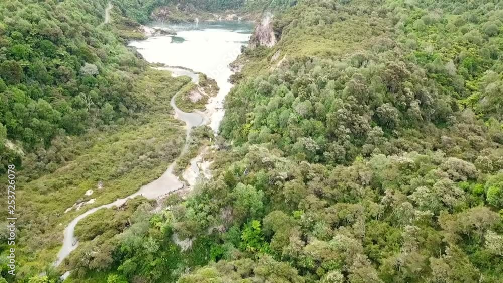 Drone view of Waimangu geothermal park, Rotorua, New Zealand. Drone view of Waimangu geothermal park, Rotorua, New Zealand.