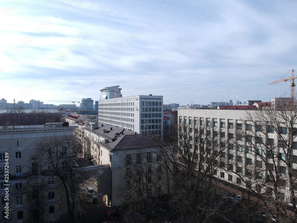 Fototapeta premium Aerial view of center of Minsk, Belarus in early spring