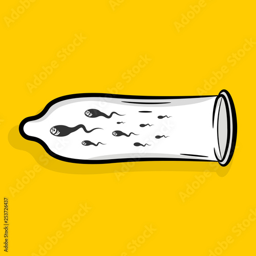 Cartoon condom with sperm inside. Protection against fertilization. Male contraception.