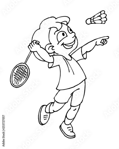 Boy playing badminton, children sports, black and white clipart