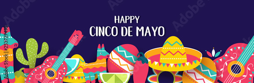 Cinco de Mayo Mexican festive banner. Horizontal card of Mexican culture symbols collection: maracas, pinata, jalapeno, fruit, sombrero, cactus, guitar. Cinco de Mayo web header.