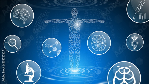 abstract background technology concept in blue light,brain and human body heal ,technology modern medical science in future and global international medical with tests analysis clone DNA human