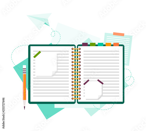 An open notebook or diary with notes. Planning. Study. Vector icon