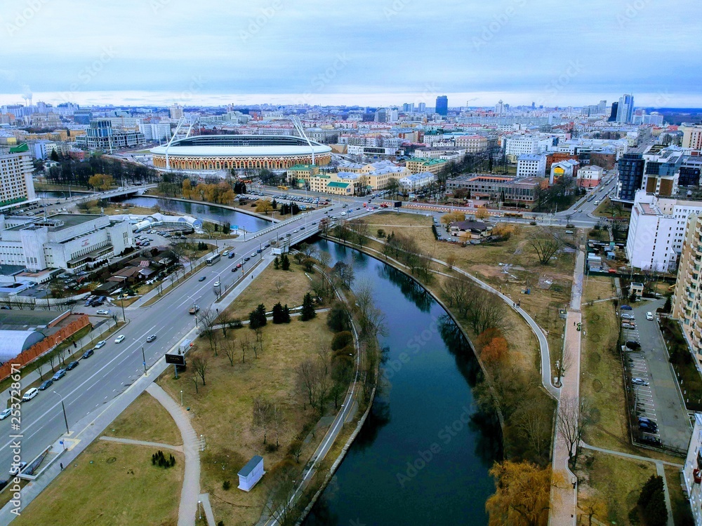 Aerial view of Minsk, Belarus near Oktyabrskaya street and Svisloch river