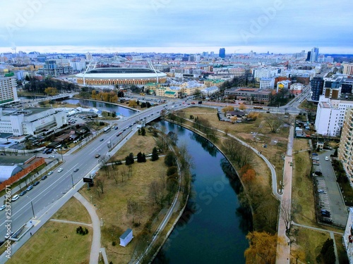 Aerial view of Minsk, Belarus near Oktyabrskaya street and Svisloch river