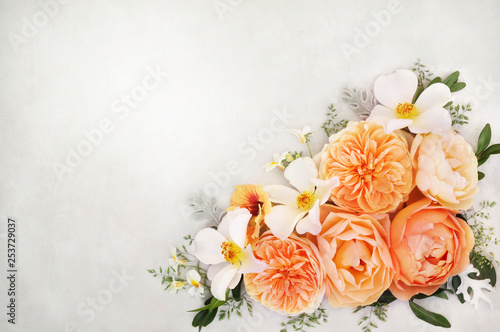 Summer blossoming delicate rose on blooming flowers festive background, pastel and soft bouquet floral card, toned 