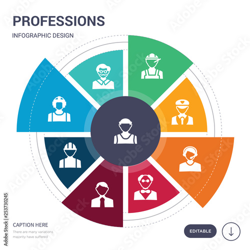 set of 9 simple professions vector icons. contains such as basketball player, writer, boxer, builder, businessman, butler, callcenter icons and others. editable infographics design