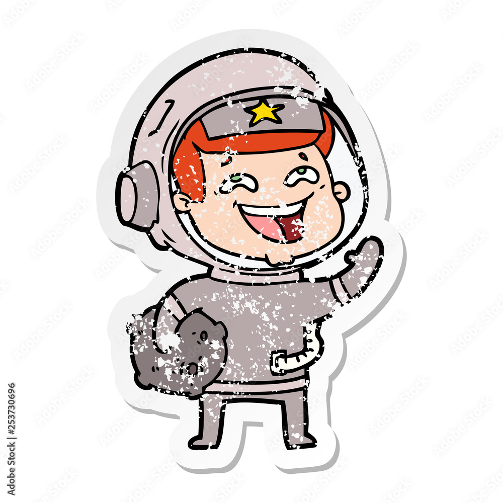 distressed sticker of a cartoon laughing astronaut