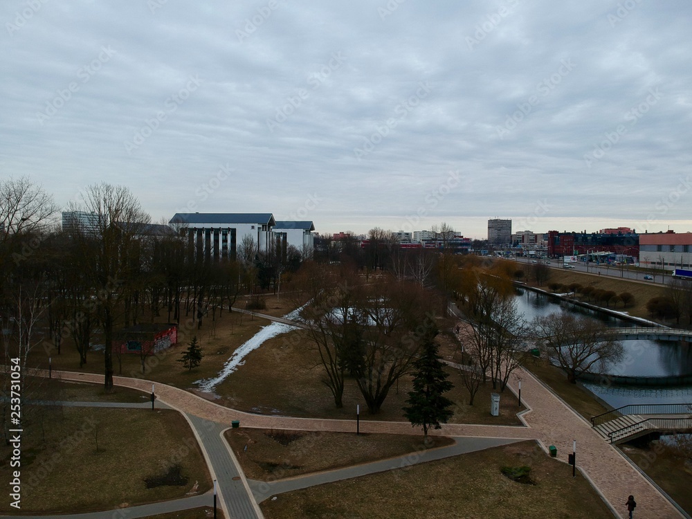 Aerial view of Minsk, Belarus near Oktyabrskaya street and Svisloch river Aerial view of Minsk, Belarus near Oktyabrskaya street and Svisloch river