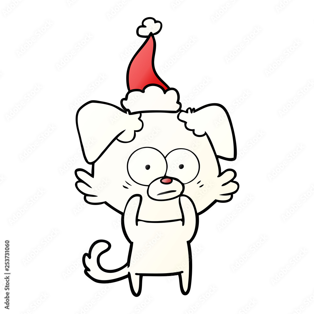 nervous dog gradient cartoon of a wearing santa hat