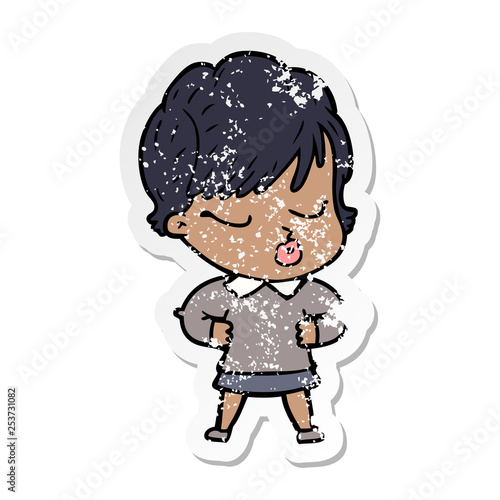 distressed sticker of a cartoon woman with eyes shut