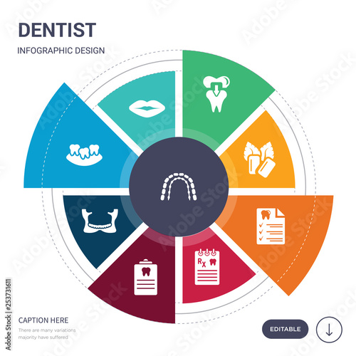 set of 9 simple dentist vector icons. contains such as lingual braces, lips, malocclusion, maxilla, medical appointment, medical prescription, medical record icons and others. editable infographics