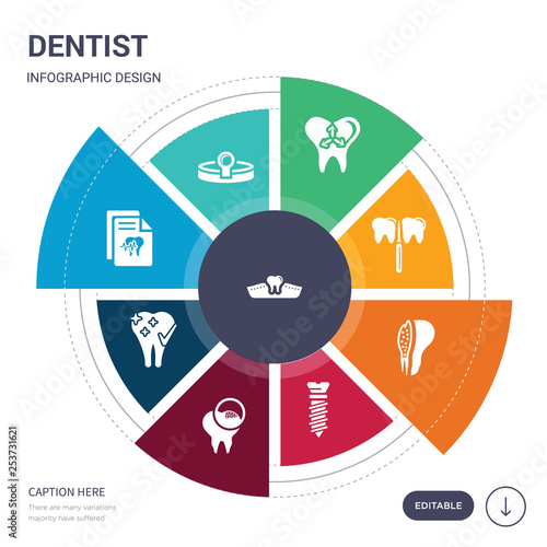 set of 9 simple dentist vector icons. contains such as gum, headlamp, health report, healthy tooth, holed tooth, implant fixture, inner tooth icons and others. editable infographics design